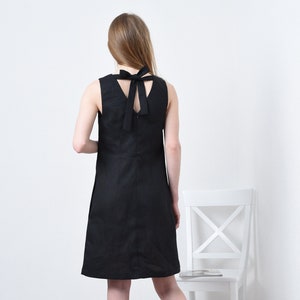 Linen dress for women - little black linen dress with ties. Linen midi dress. Linen dress with pockets. Linen dress black.