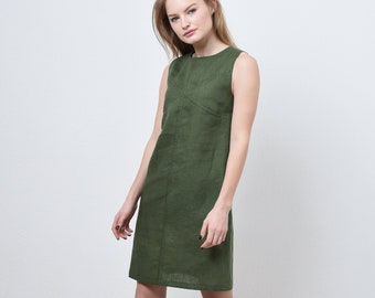 Linen shift dress  , Sleeveless linen dress ,  Linen dress with pockets , Green dress , Simple dress for women , Custom length dress