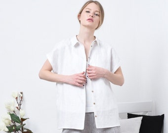Oversized Linen Shirt with Pocket: Relaxed Button Down Blouse