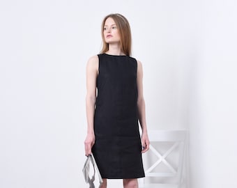 Handmade Black Linen Shift Dress: Elegant Back Tie Dress