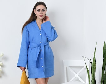 Loose Linen Shirt Dress – Long Sleeve Organic Mini Shirtdress