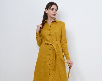 Linen shirt dress - buttoned  midi long sleeve dress with belt,  Custom dress - casual linen dress with pockets, Spring collared shirt dress