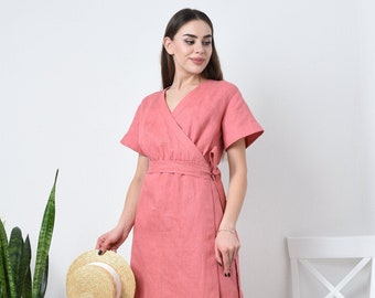 Robe portefeuille en lin, robe en lin avec poches, robe d'été décontractée