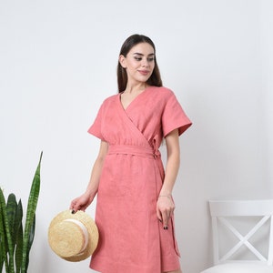 Linen wrap dress, Linen dress with pockets, Casual summer dress image 1
