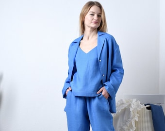 Linen Pajama Set: Women's Loose Fit Shirt, Top & Wide-Leg Pants