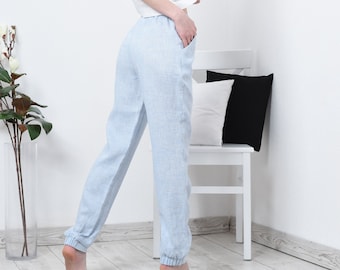 Natural Linen Jogger Pants: Blue Lounge Wear, Custom Length