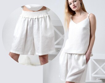 Pantalones cortos de lino blanco para mujer: pernera ancha de verano, corte holgado