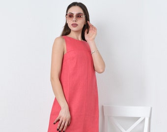 Linen dress - shift summer sleeveless dress, Simple dress for women, Casual linen dress, Red dress