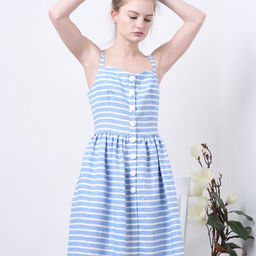 LINEN DRESS for women, Summer apron shops dress, Organic Mid Calf linen dress, Woman flax dress, Buttoned strap dress