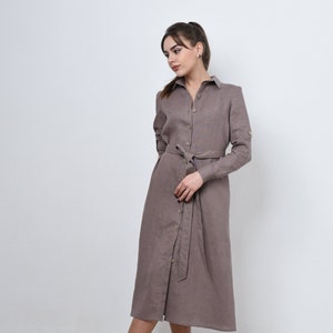 Linen Shirt Dress | Long Sleeve Midi Dress with Pockets | Earth Tone Casual Fall Outfit for Women