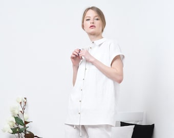 Linen  shirt for women , Casual oversized white shirt , Short sleeve shirt , Loose shirt women