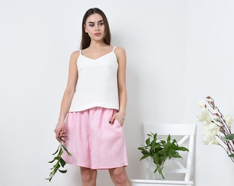 Wide leg linen shorts for women , Shorts with pockets , Summer High waist skirt shorts