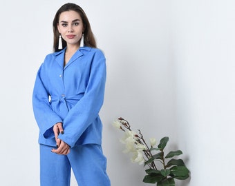 Linen Two Piece Casual Set for Women: Belted Shirt & Pants