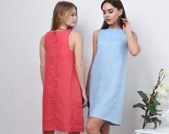 Sleeveless Linen dress - midi shift dress with pockets, Linen sleeveless summer dress - simple casual loose fit dress for women