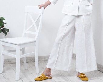 Leinen Culottes - Hose mit weitem Bein für Frauen, Weiße elegante Hose - formelle lose Hose, Palazzohose - altes Geld Ästhetik, Hosenrock