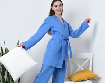 Linen robe set for women | Linen pajama pants and long shirt for women | Homewear for women