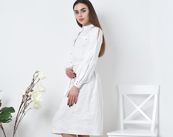 White linen shirtdress with long sleeves, White dress with buttons, Casual linen dress, Sustainable organic dress, slow fashion dress