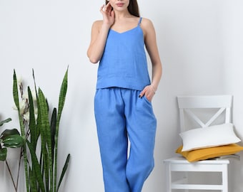 Linen Pajama Set: Women's Organic Top & Wide-Leg Pants