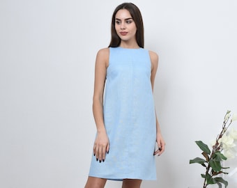 Sleeveless linen dress - shift dress knee length, Blue summer dress, Simple white dress