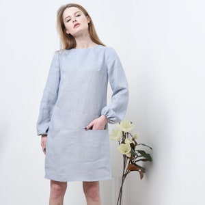 Tunic dress with pockets, Linen shift dress with long sleeves, Simple cottagecore dress, Casual knee length dress, Custom dress 100% linen