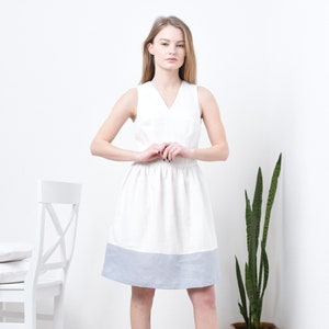 Linen dress for women - Color block in white and gray dress. Ruffled linen dress.