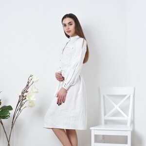 White linen shirtdress with long sleeves, White dress with buttons, Casual linen dress, Sustainable organic dress, slow fashion dress