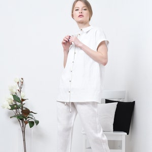 Wit linnen 2-delig pak voor dames, Dames zomerlinnen broekset, Shirt en broekpak, Linnen broekpak dames