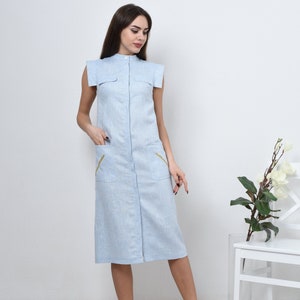 Light blue shirt dress - midi dress with pockets. Casual sleeveless dress - shift midi dress with button closure. Linen Shirt dress for women.