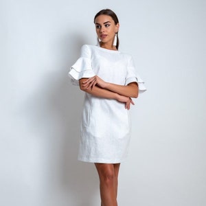 Little white dress for women - linen flounce sleeve dress with front pockets. Above the knee -short linen dress. Slightly fitted waist dress.
