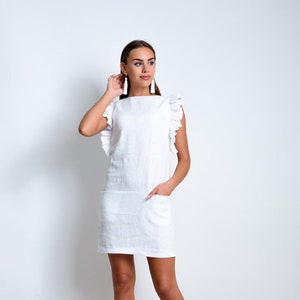 White Linen Dress  with front pockets | Linen Ruffle Sleeve Dress | Little white dress | Wedding guest dress