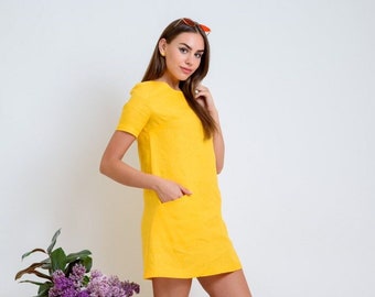 Handmade Linen Mini Dress: Short Sleeve Shift Dress with Pockets