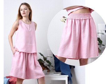 Loose Linen Shorts Set: Women's Two-Piece Pajama Clothes