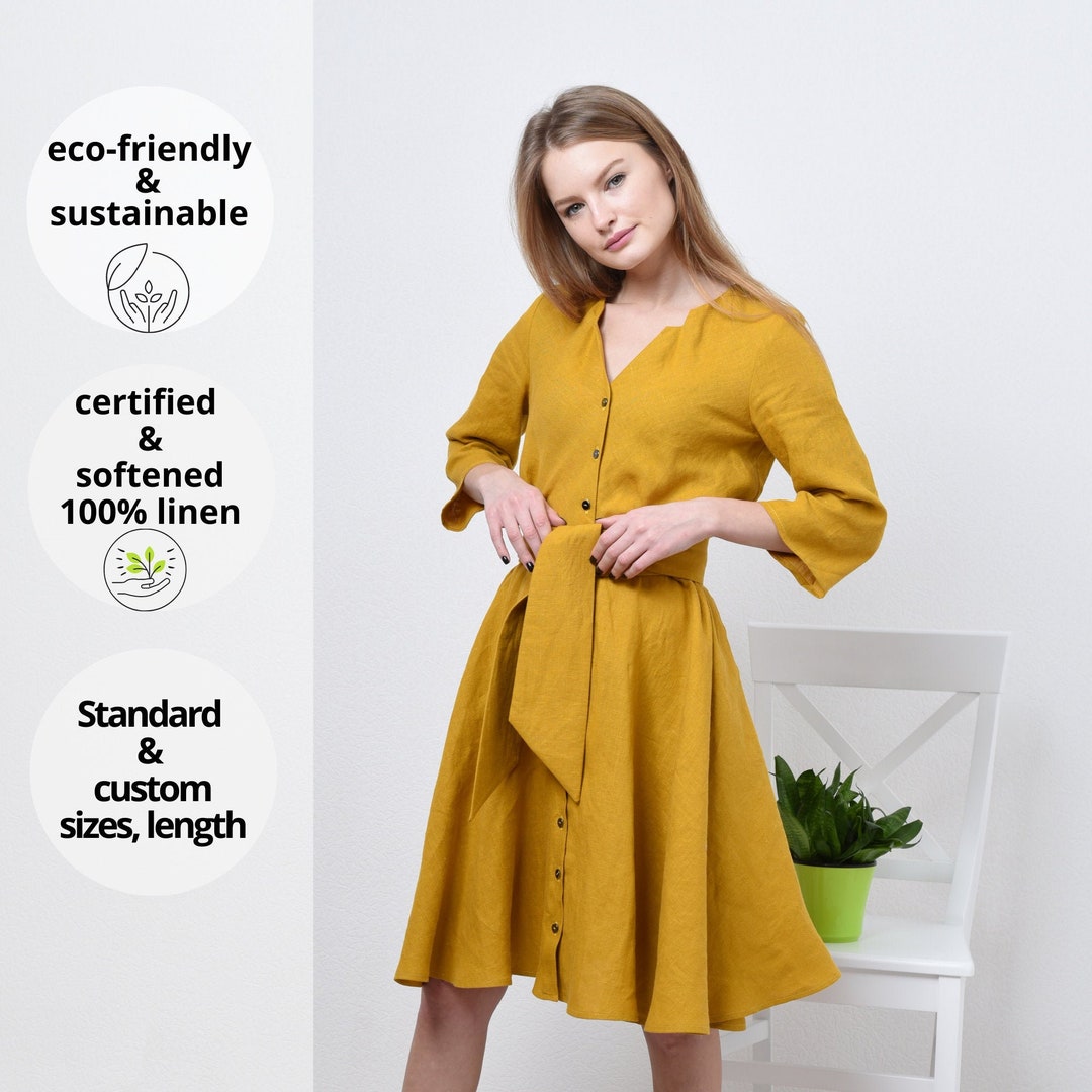 Custom Dress Linen Shirt Dress Full Skirt and Belt, Loose Linen Dress