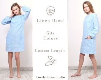 Linen dress with pockets, Long sleeve linen dress, Loose linen dress, Linen dress AUGUSTA, Shift dress, Custom dress, Fall dress