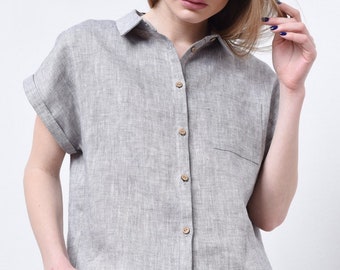 Camisa de linho com caimento solto: blusa oversized de manga curta