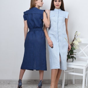 Linen midi dress, sleeveless shirt dress with front pockets. Shift midi dress with a belt. Blue dress. Light blue dress.