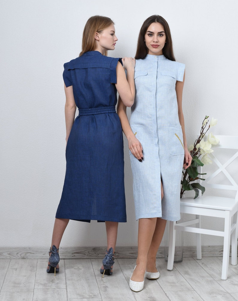 Linen midi dress, sleeveless shirt dress with front pockets. Shift midi dress with a belt. Blue dress. Light blue dress.