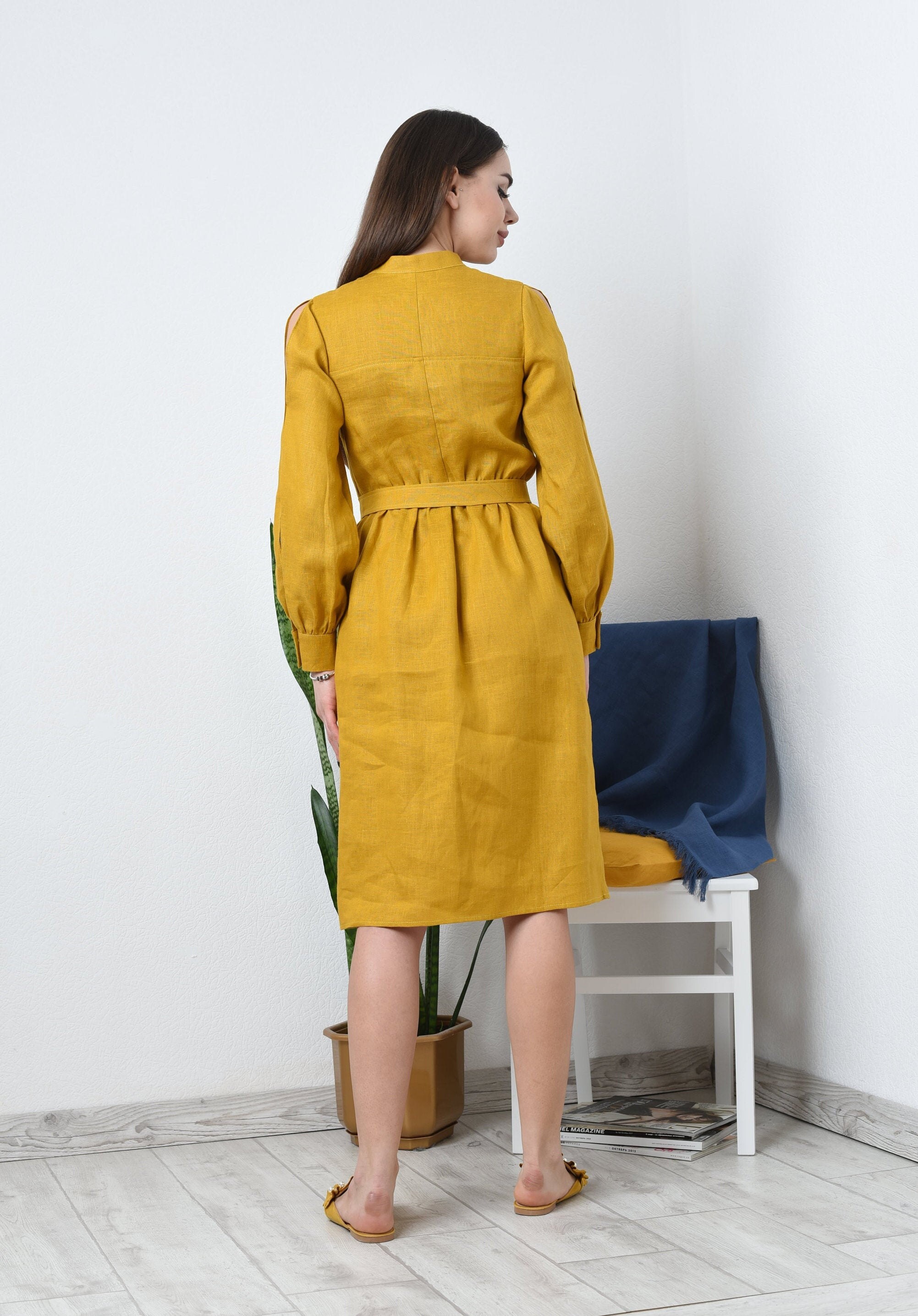 Midi Linen Sleeve Shirt Dress Button Down Dress Mustard Etsy
