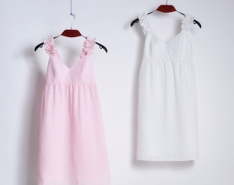 Linen dress - women's ruffle sundress , White linen dress - beach loose dress | Summer dress for women - simple linen dress high waist