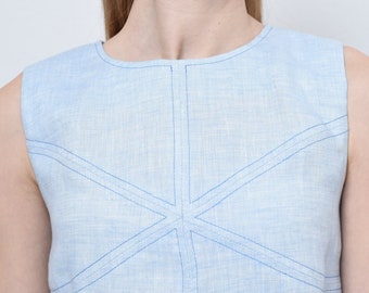 Blue Linen Shift Dress: Sleeveless Summer Dress with Stitching