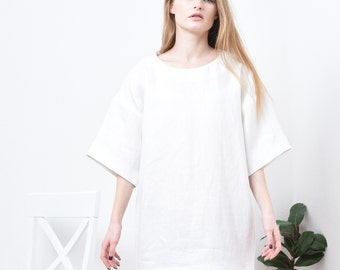 Vestido túnica de lino blanco extragrande: estilo kimono holgado