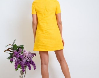 Handmade Linen Mini Dress: Short Sleeve Shift Dress with Pockets