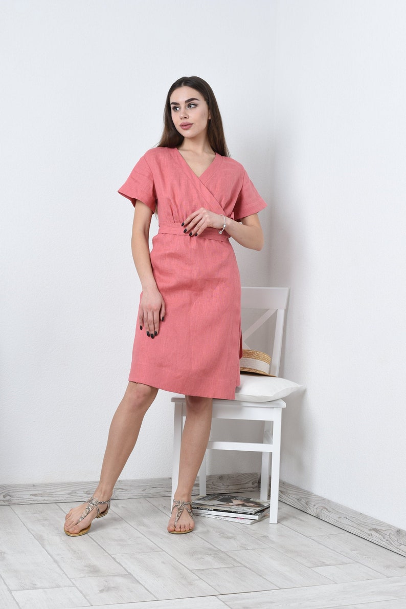 Linen wrap dress, Linen dress with pockets, Casual summer dress image 5
