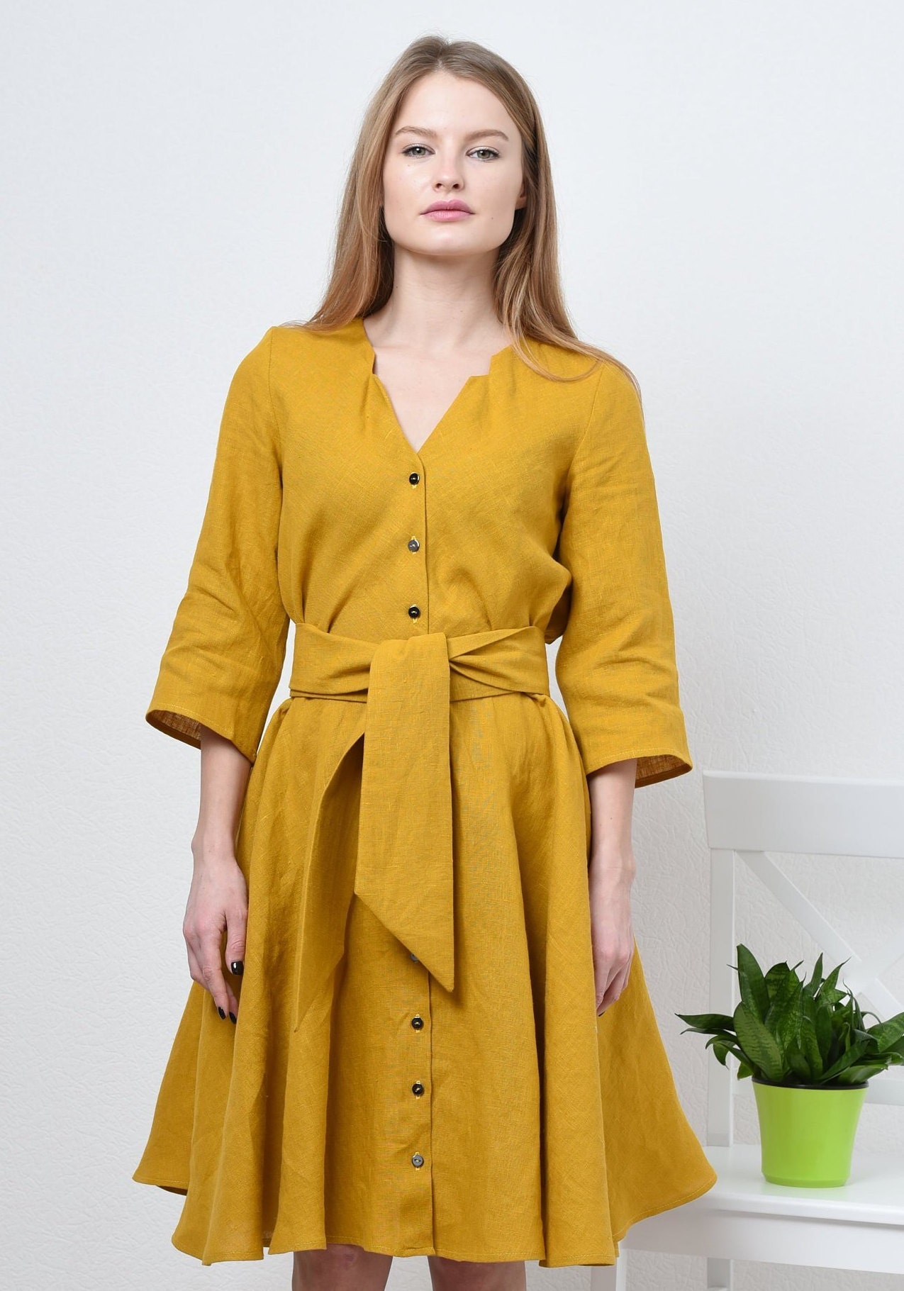 Loose linen shirt dress/ Linen dress / Mustard linen dress / Etsy
