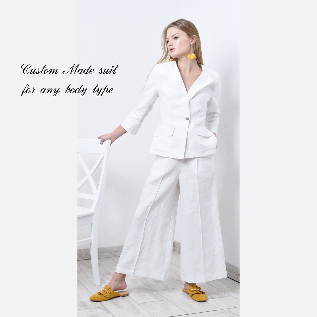 White Suit Women, Linen Suit for Women, Wide Leg Pants Suit, Jacket