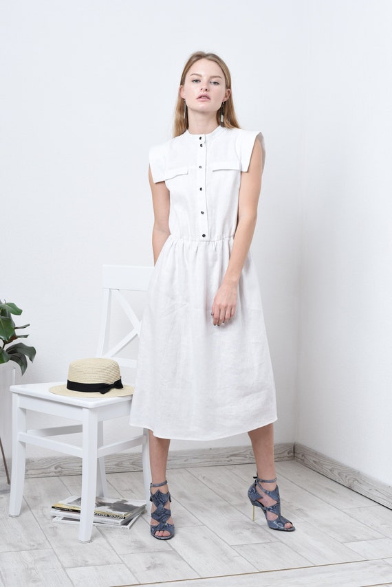 White Linen Midi Dress: Sleeveless Casual Dress with Pockets