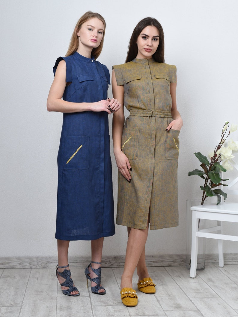 Linen midi dress, sleeveless shirt dress with front pockets. Shift midi dress with a belt. Blue dress. Yellow dress.