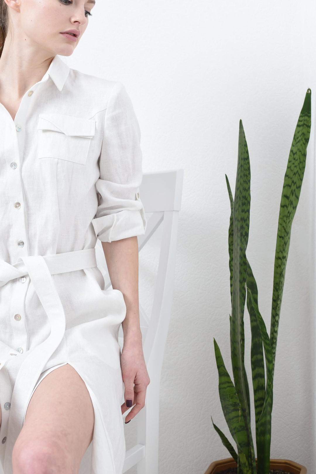 white linen dress with belt