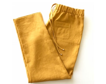 Casual linen pants for women - tapered linen pants low waist, Organic trousers with pockets, Mustard pants for women