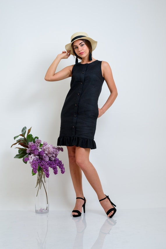 chinese dress ladies Rafaella Women's Ruffle Neck Linen Dress in Black, Size 2X, 100% Linen